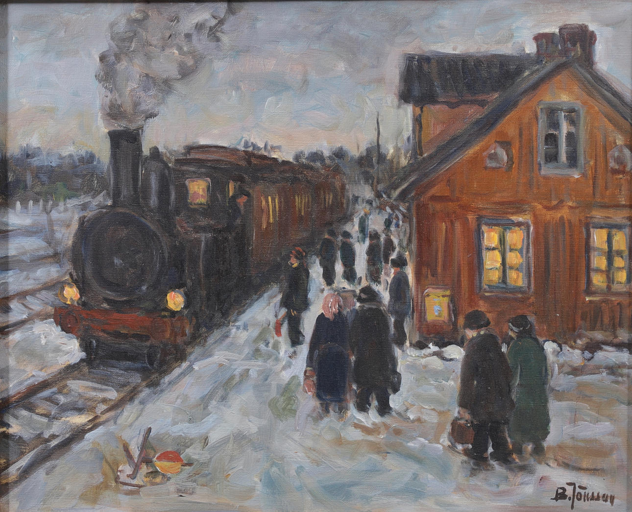 BROR JÖNSSON. Train station with figurines. Oil on canvas, signed.