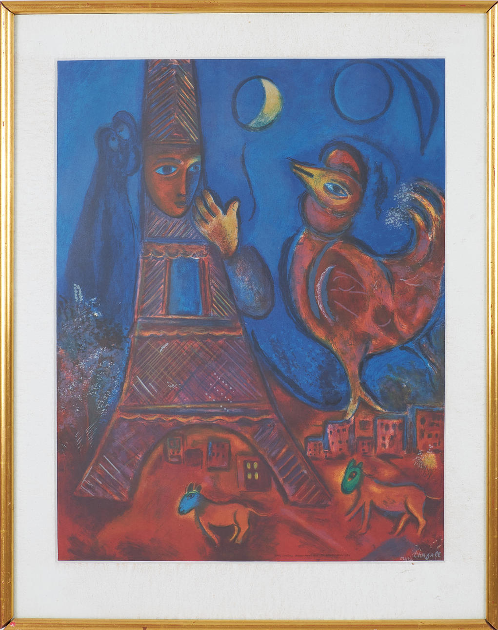 AFTER MARC CHAGALL. “Bonjour Paris”, lithographic poster, signed in print.