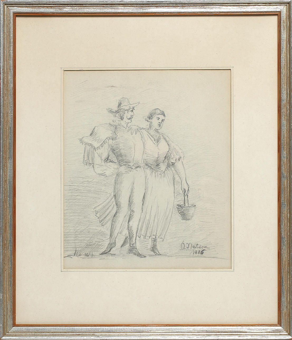 OLOF SAGER-NELSON. Herre och dam, teckning, signerad och daterad 1886.