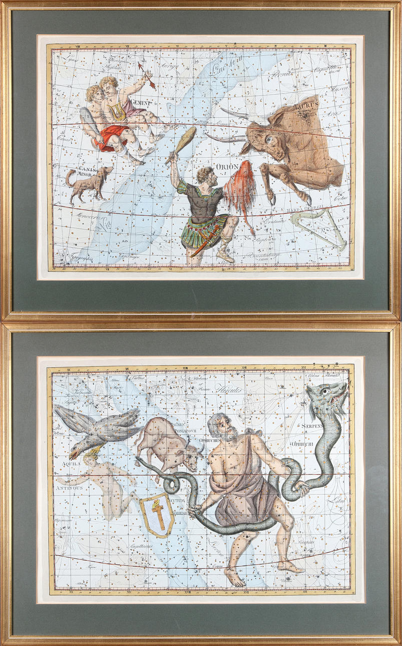JOHANN EHLERT BODE. EFTER. Stjärnatlas, 2 st, kolorerade etsningar, "Celestial Atlas".18/1900-tal.