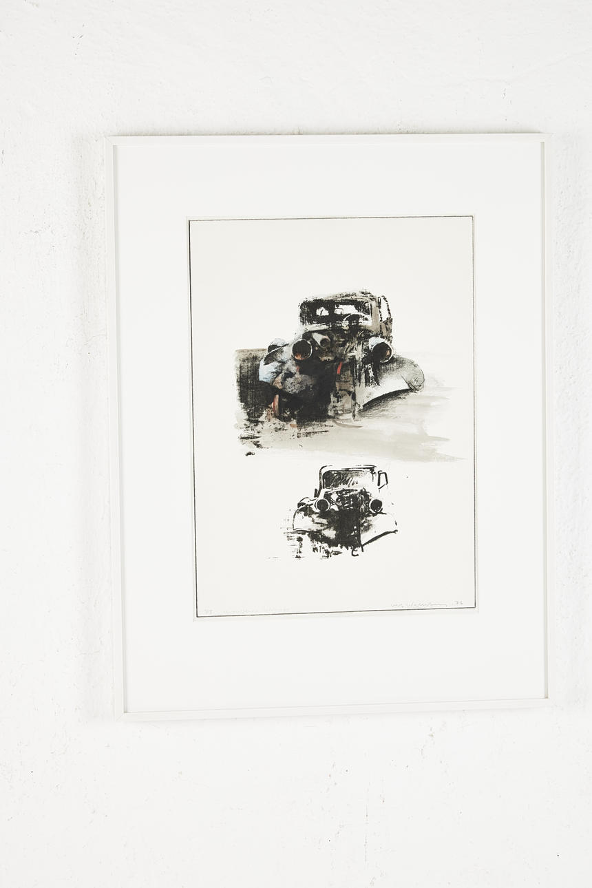 ULF WAHLBERG. Car wreck, watercolour lithograph, signed and dated -76.