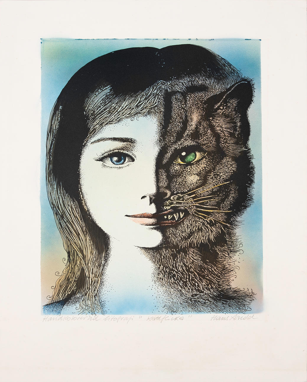 HANS ARNOLD. “Cat girl”, hand coloured, signed.