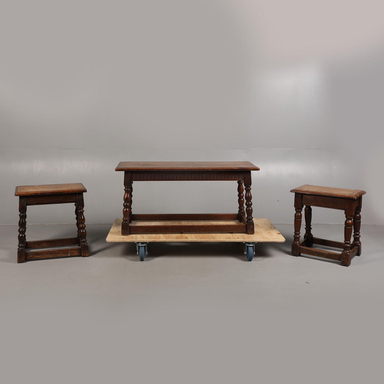 TWO 17TH CENTURY STYLE OAK JOINT STOOLS AND A 17TH CENTURY STYLE RECTANGULAR LOW TABLE (3).