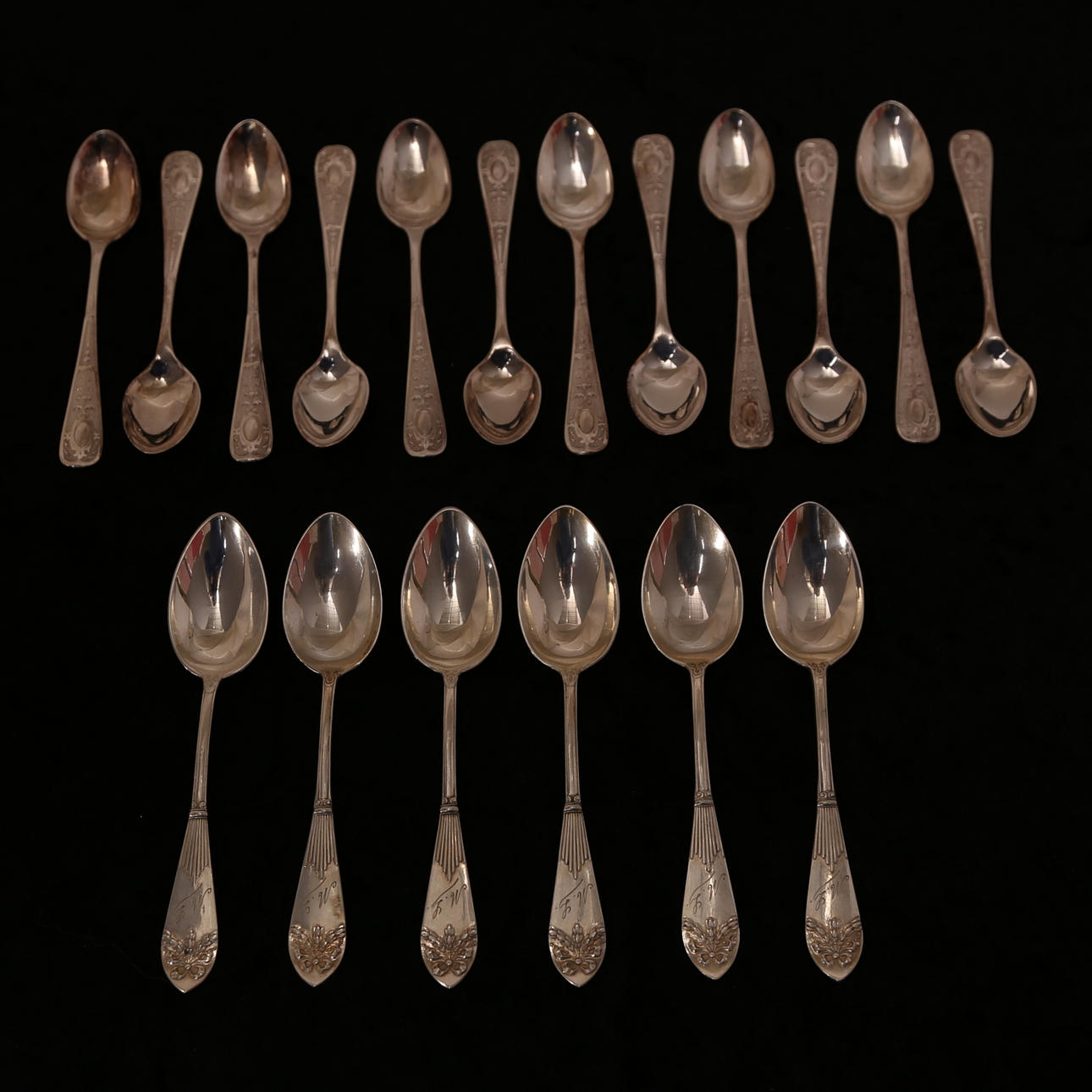SKEDAR, 6 st, silver, vikt= 125 gram + KAFFESKEDAR, 12 st, nysilver.