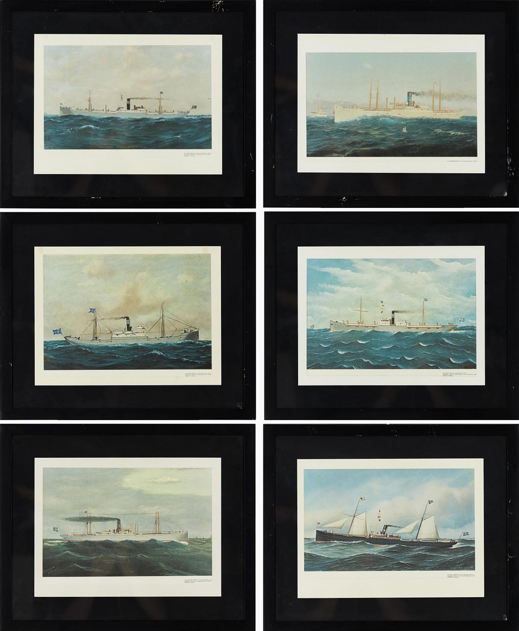 JOHNSON LINE. 6 st fartygsporträtt, grafiska blad, enhetligt ramade med ...