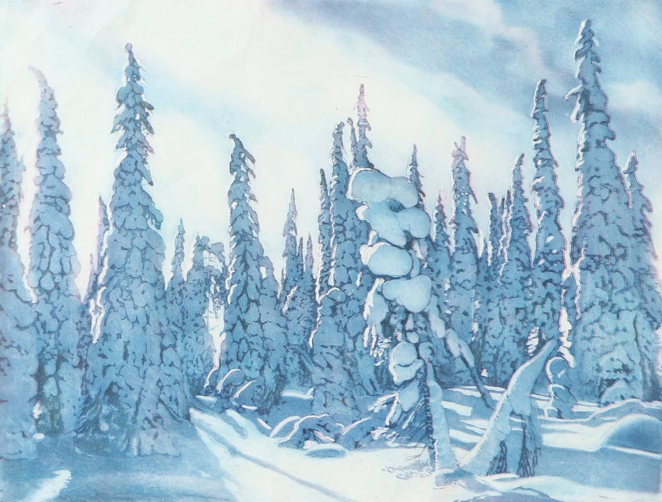 OLLI MOISIO. Winter landscape, lithograph in colours, signed.