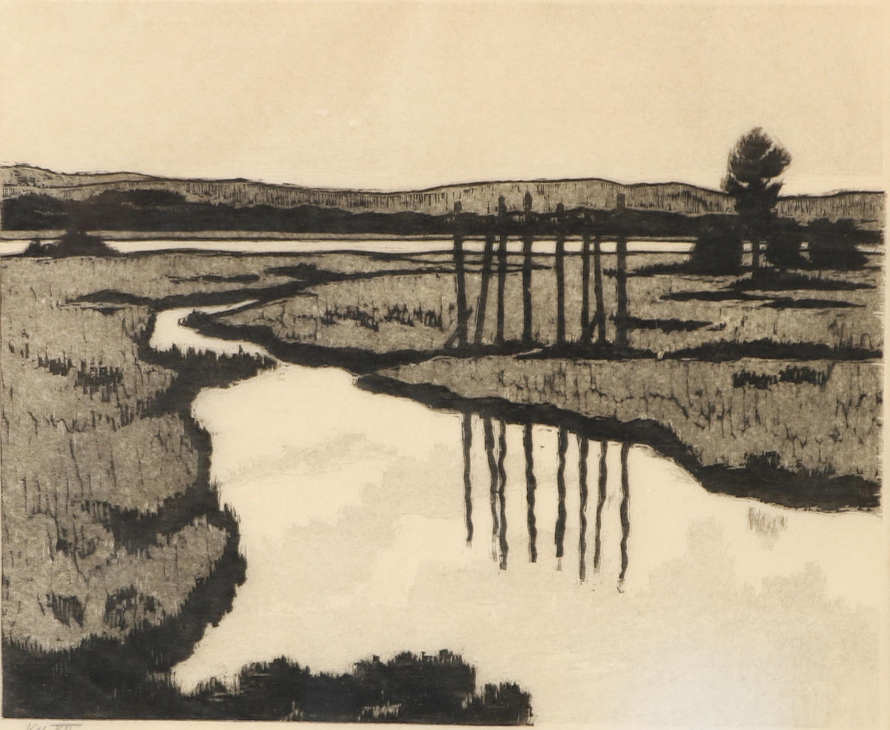 VITHO ASKOLA. Landscape with water, woodcut, signed 1955.
