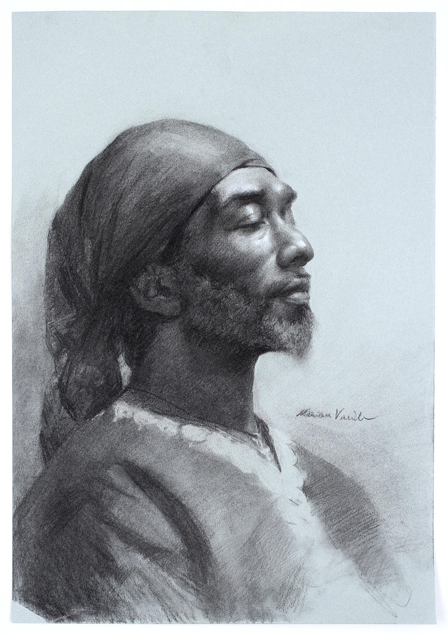 VASILE MARIAN. Mörkhyad man, kolteckning, signerad.