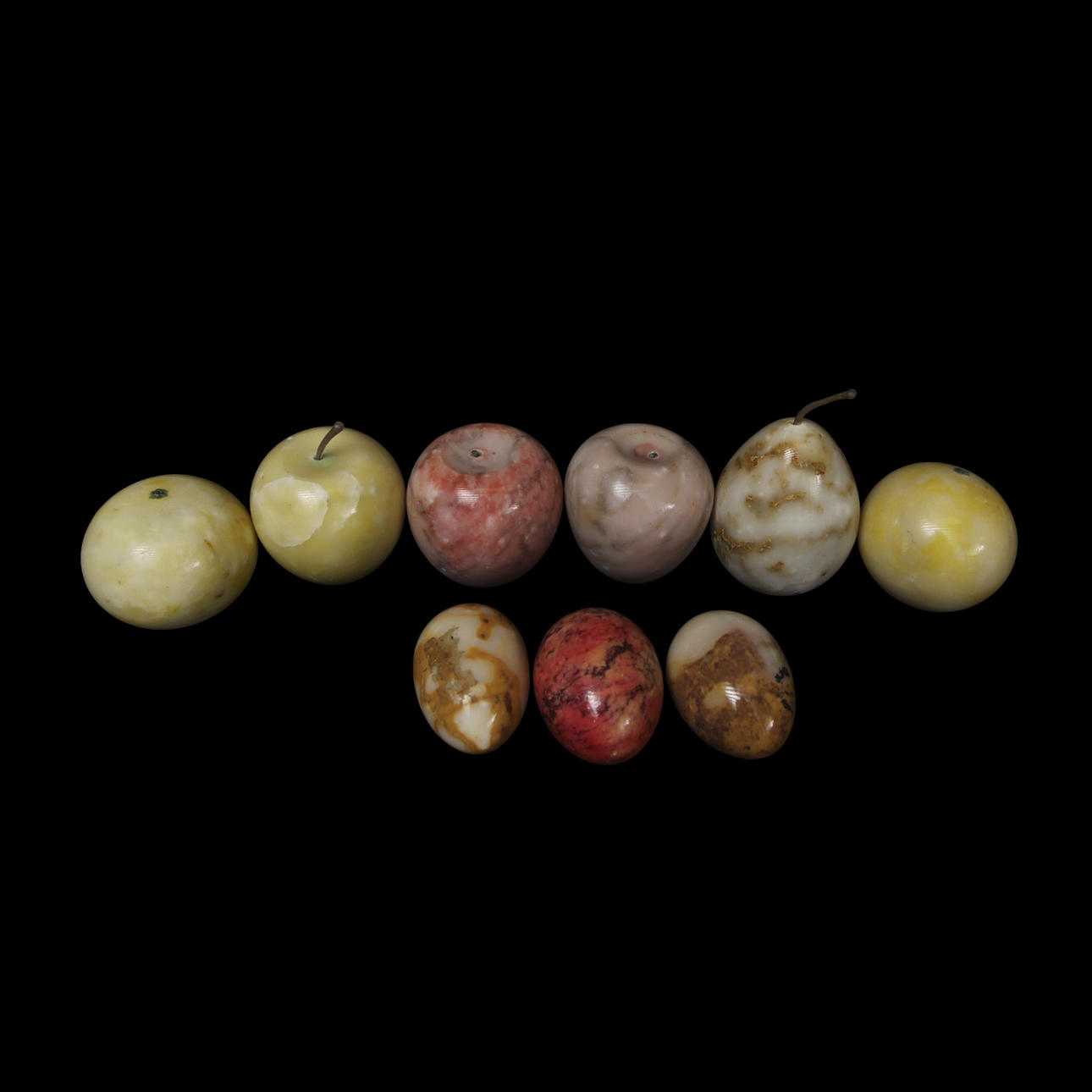 STONE EGGS AND STONE FRUITS, alabaster, 9 pieces.