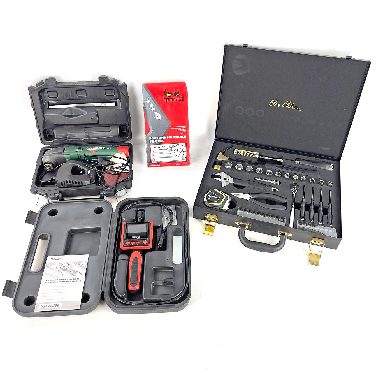 ELECTRIC AND HAND TOOLS, 4 pieces, multi machine parkside, inspection camera fiber, hand tool.