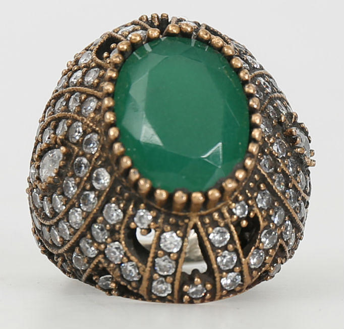 RING, silver, brons, grön och vita stenar, 2000-tal.