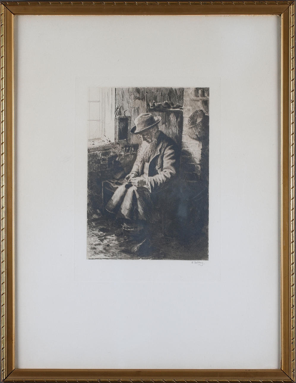 AXEL TALLBERG. "Skoflikaren", etsning, signerad.
