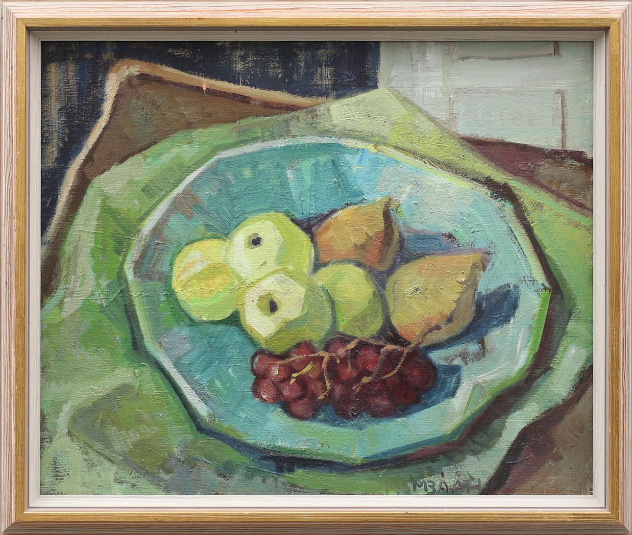 MAJA BÅÅTH. Fruktfatet, olja på pannå, signerad M Bååth.