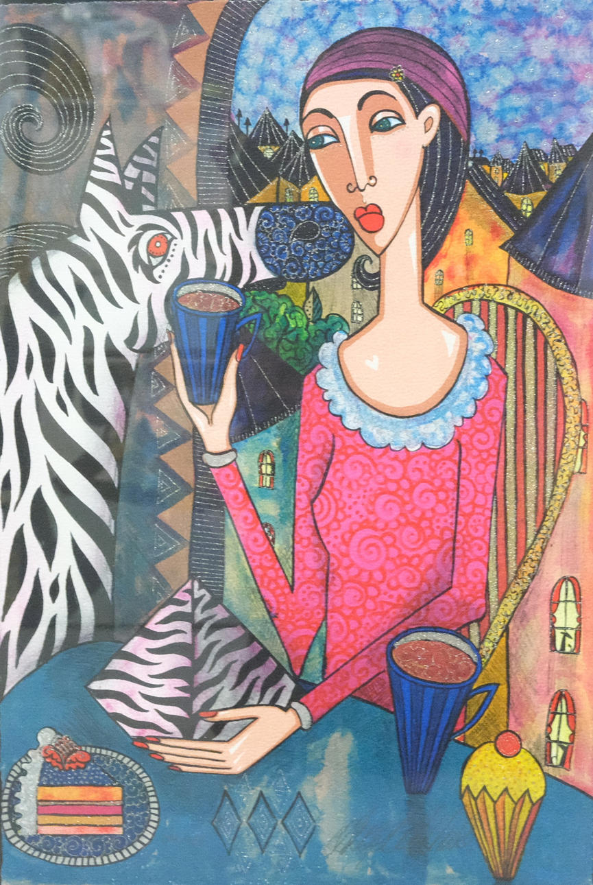 ANGELICA WIIK. LITHOGRAPHY WITH EMBOSSING. “COFFEE BREAK”.