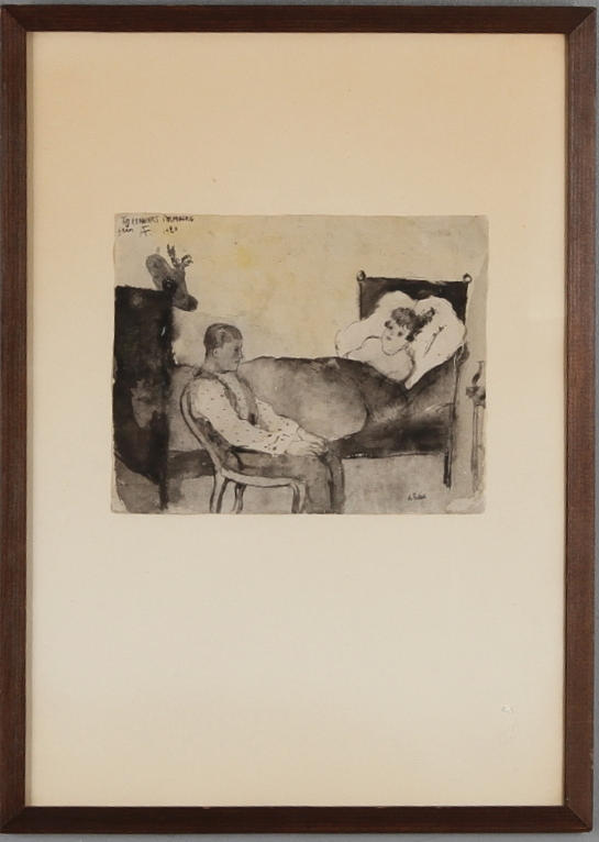 AXEL FRIDELL. Kvinna i säng och man i stol, tuschlavering, singerad.