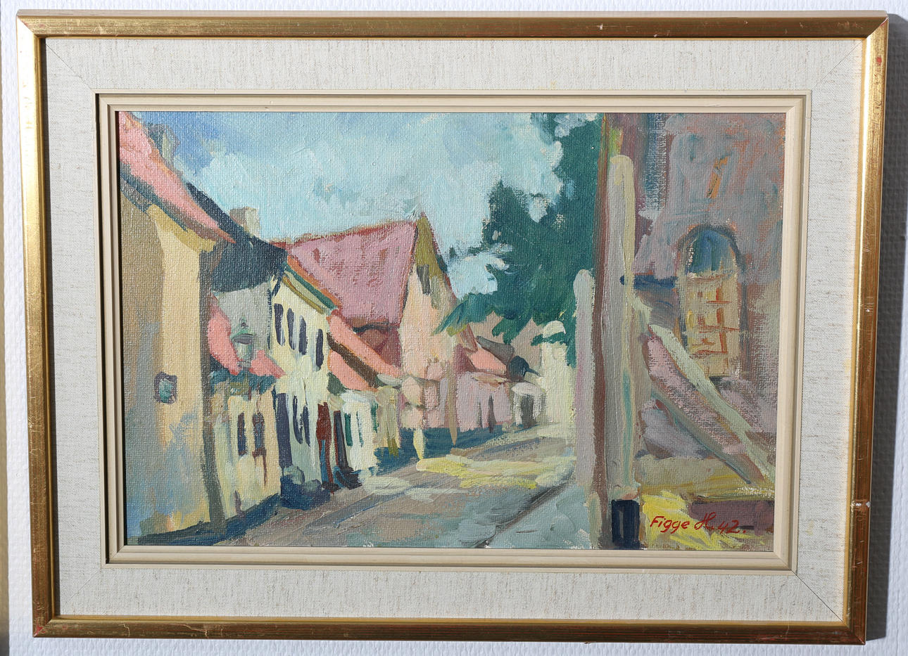FIGGE HOLMGREN. Olja på pannå. Långgatan, Ystad, signerad Figge H, daterad -42.