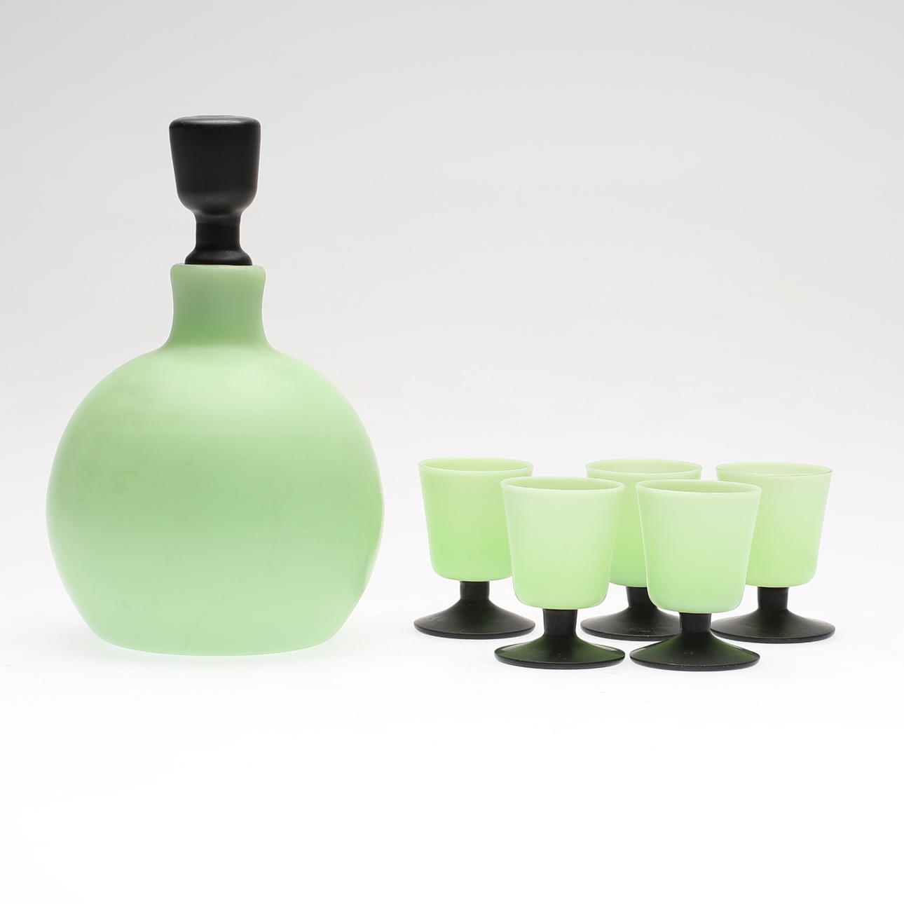 KARAFF samt 5 st likörglas, frostat glas, Art Deco, 1920/30-tal.