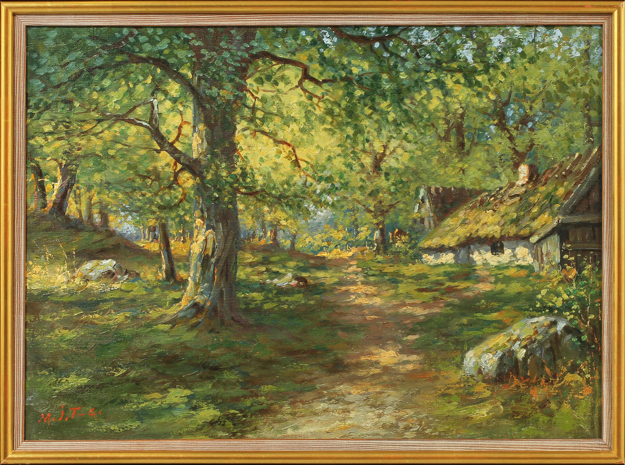 MARTIN JOHAN TENGBERG. Motiv av gård, olja på duk, signerad.