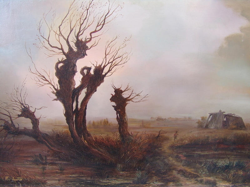 HARRY MARIA EGGERT 1935 - 2011. Nordtyskt landskap med pollarded willows, dat. (19) 98.