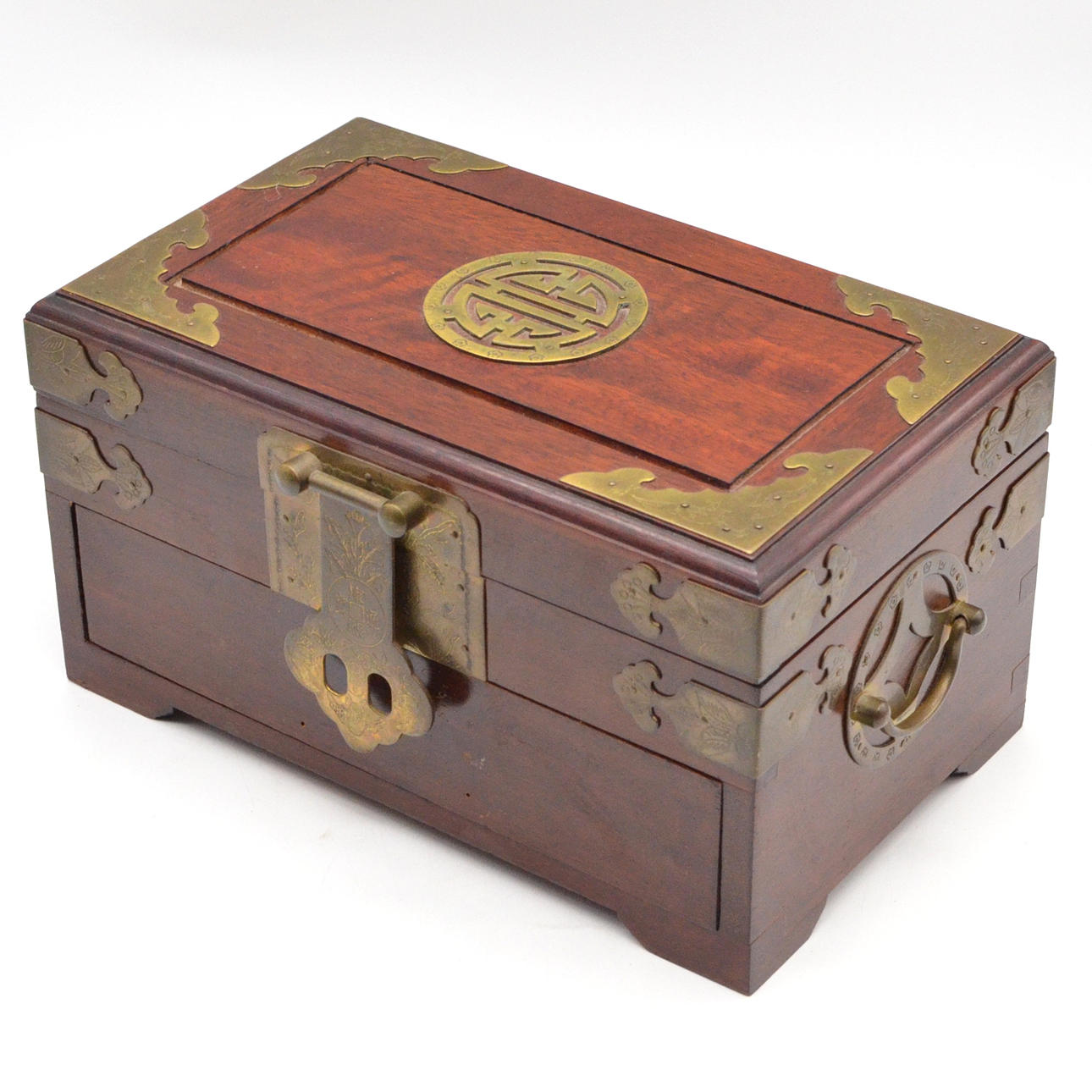 ANTIQUE ASIAN JEWELRY BOX WITH ORIGINAL LOCK, WOOD, METAL DECORATIVE ...