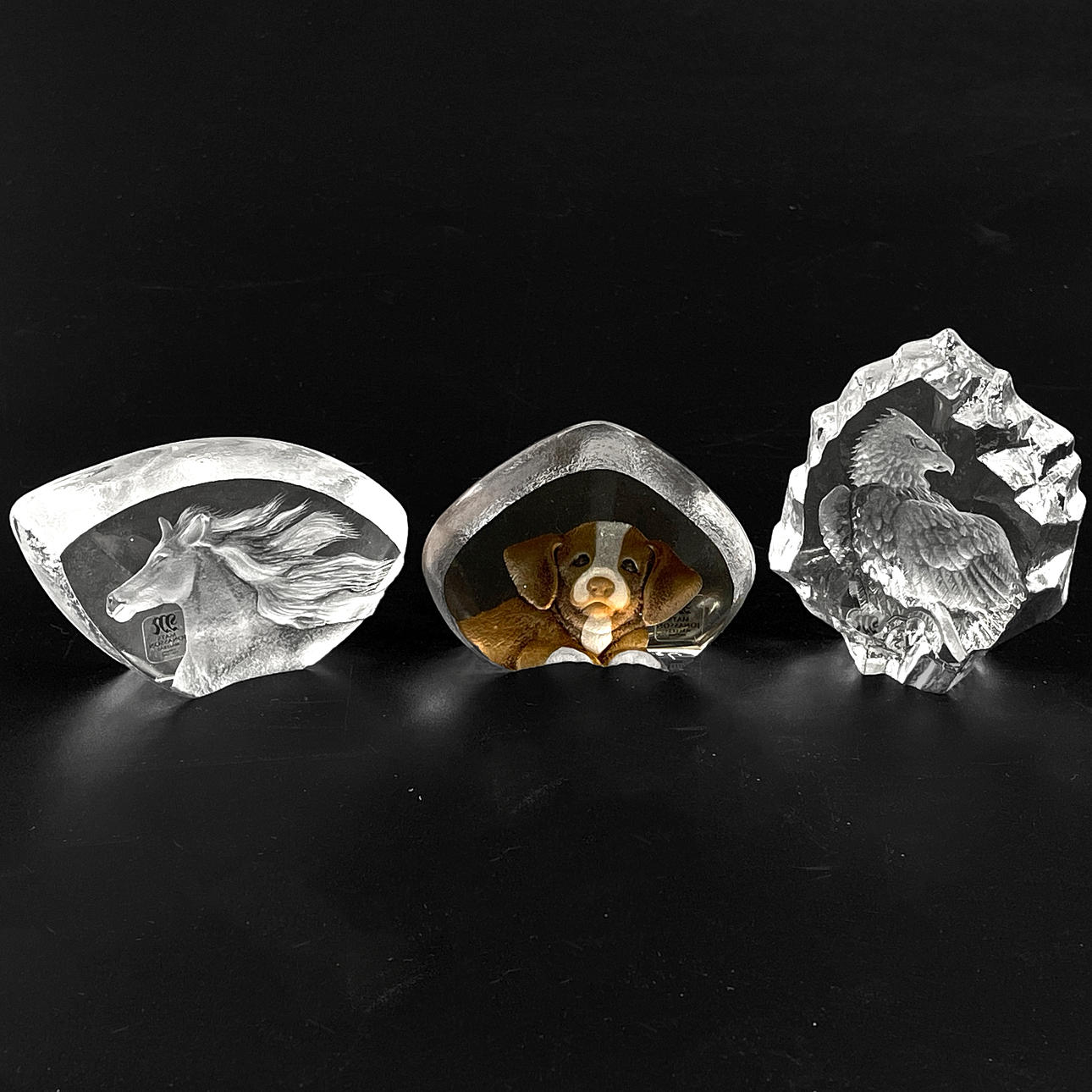 MATS JONASSON. Glass blocks, 3 pcs, Painting lock, label marked.