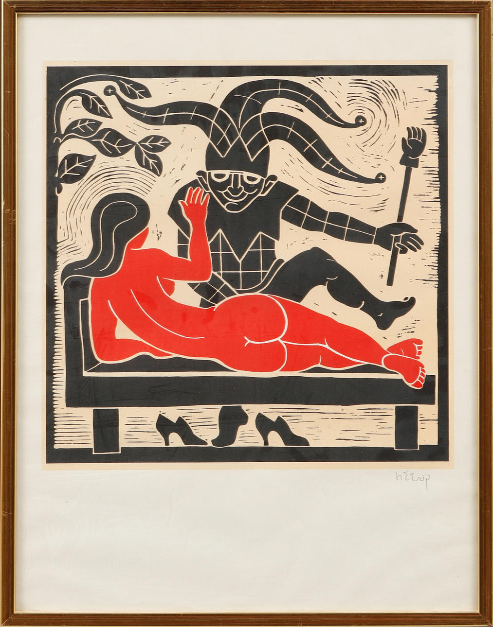 HENRY HEERUP. Composition with figures, linoleum cut, signed.
