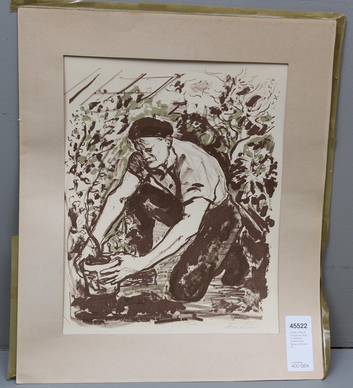 ALBIN AMELIN. Trädgårdsmästare planterar. Grafiskt blad. Signerad Amelin.