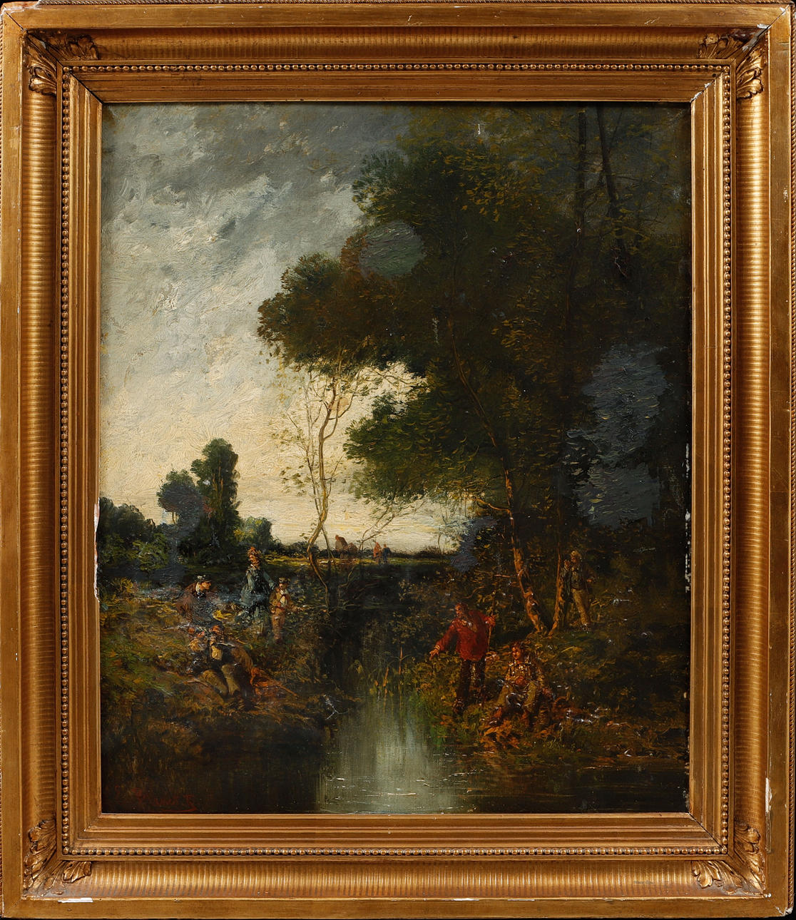 EUGENE BLASSET. Landscape with figures, oil on canvas, signed and dated 75.