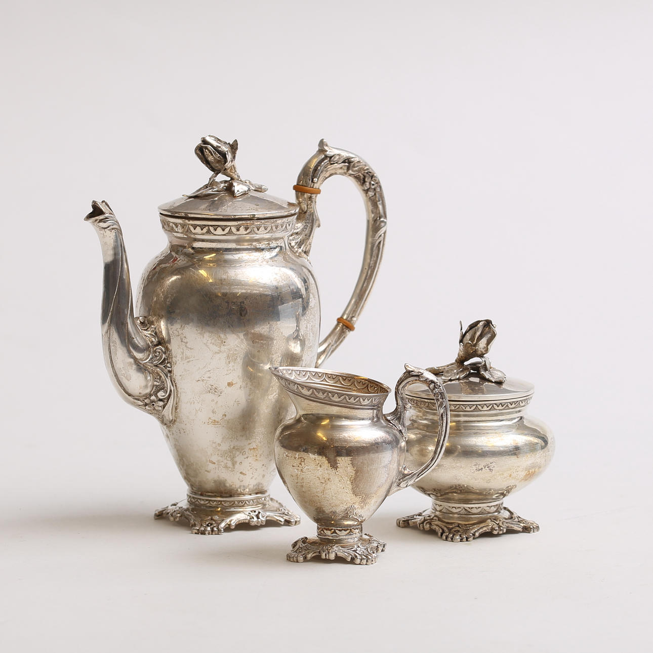 A coffee set, 3 pieces, silver, rococo style, 20th century.