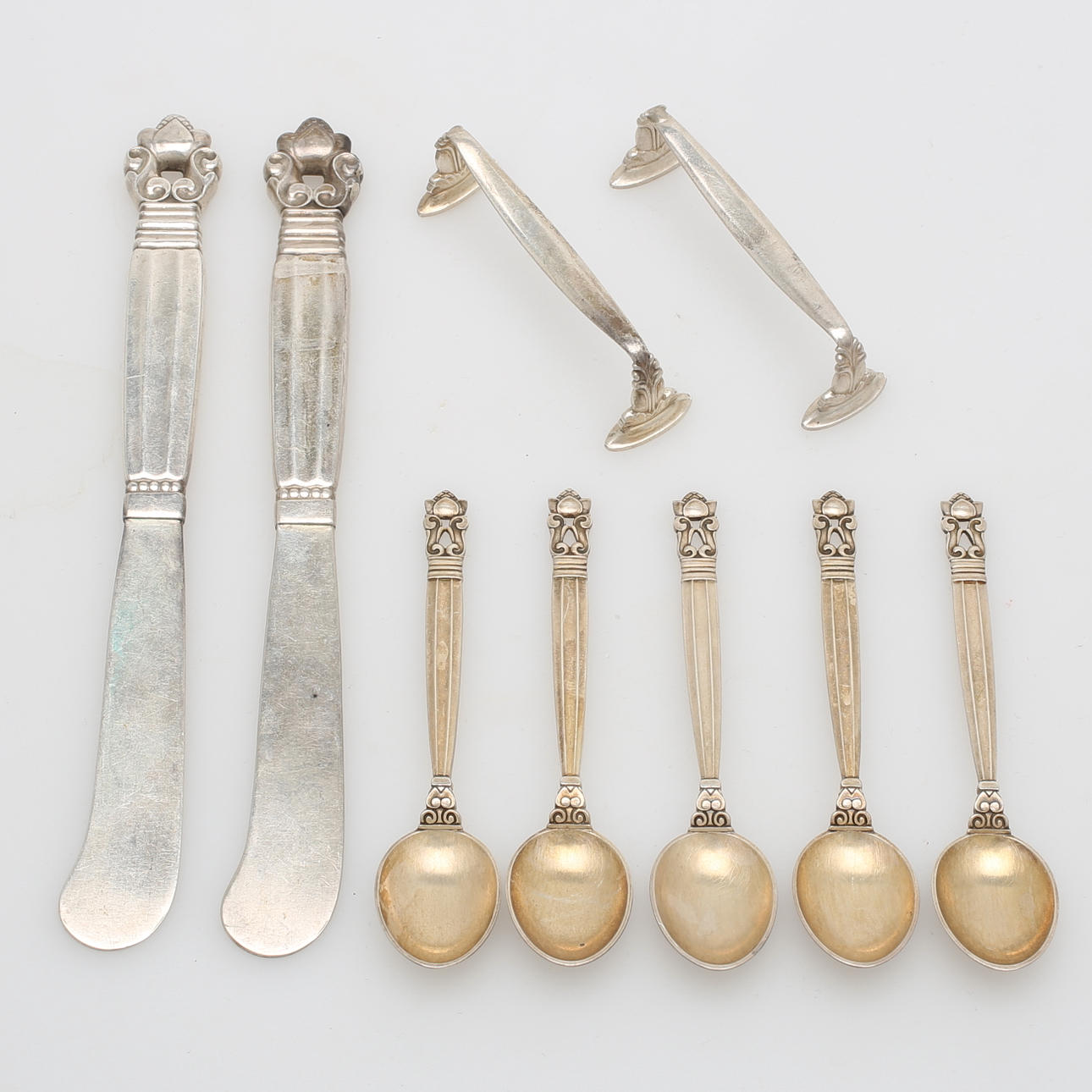 BESTICK, 9 delar, silver, "Acorn", Johan Rodhe för Georg Jensen, Christian F Heise, Danmark, vikt 161 gram.