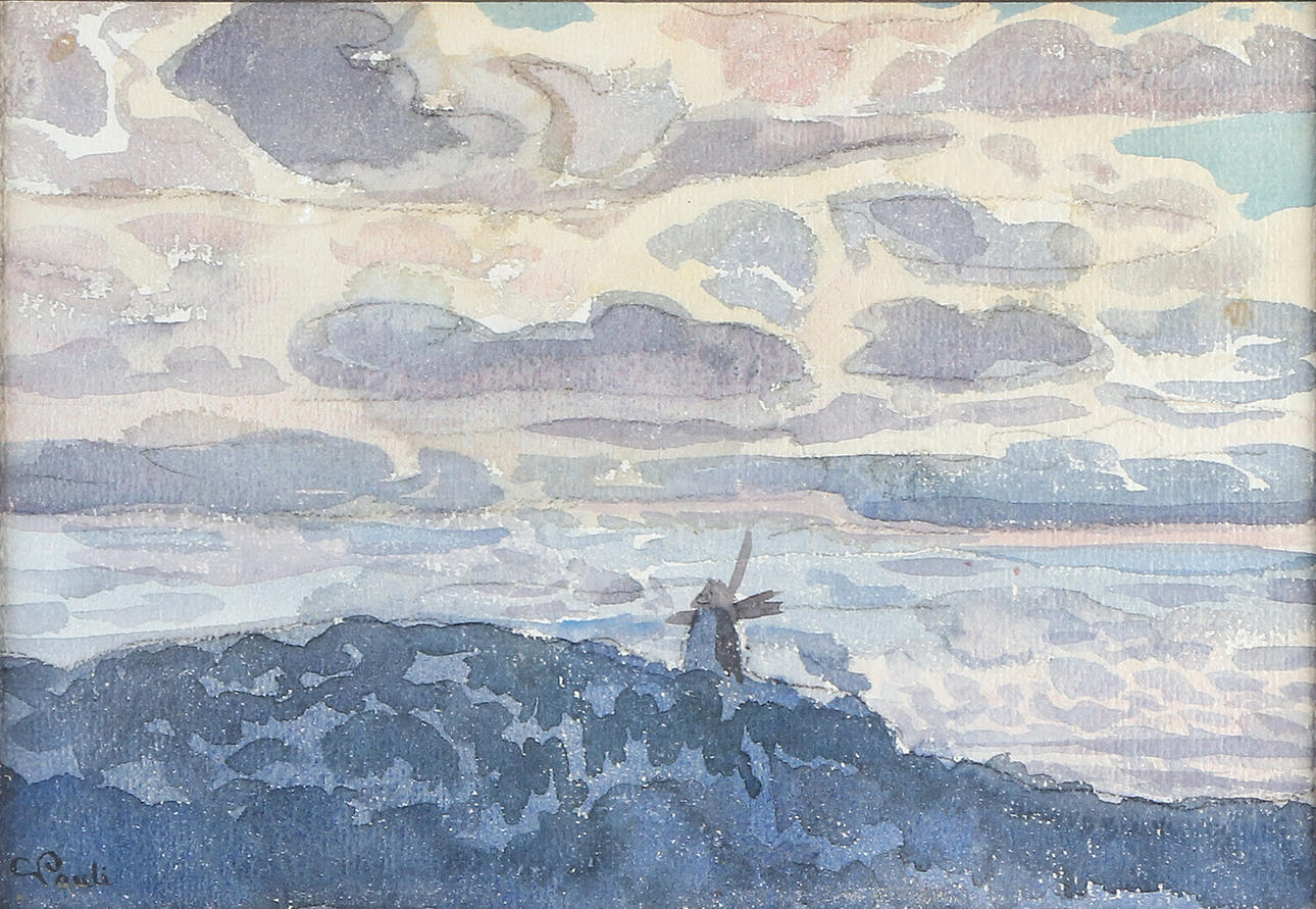 GEORG PAULI. Watercolor. Landscape with windmill. Signed.