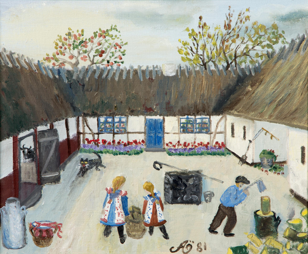 ALMA ÖHRSTRÖM. Skånegård med figurer, olja på pannå, monogramsignerad AÖ -81.