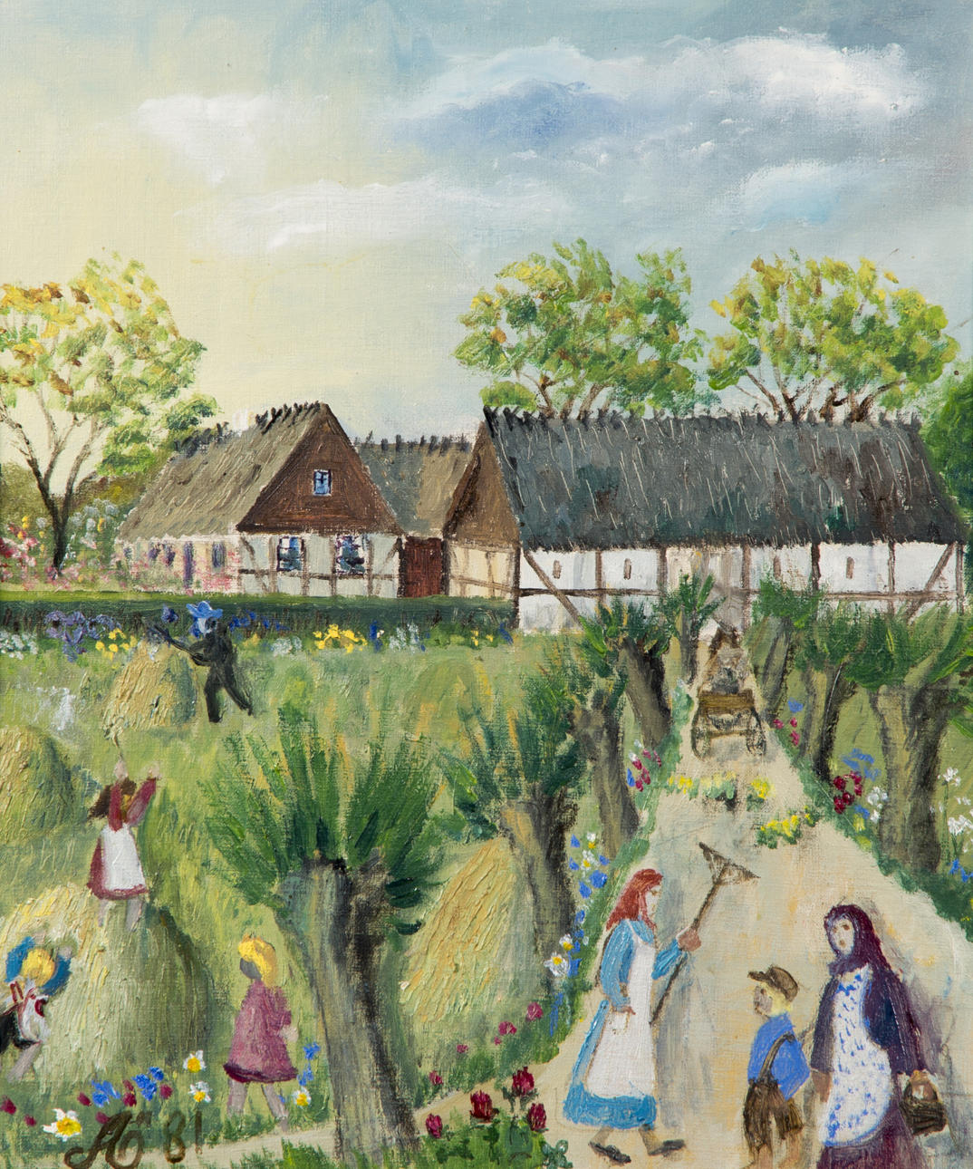 ALMA ÖHRSTRÖM. Skördearbete med skånegård, olja på pannå, monogramsignerad AÖ -81.