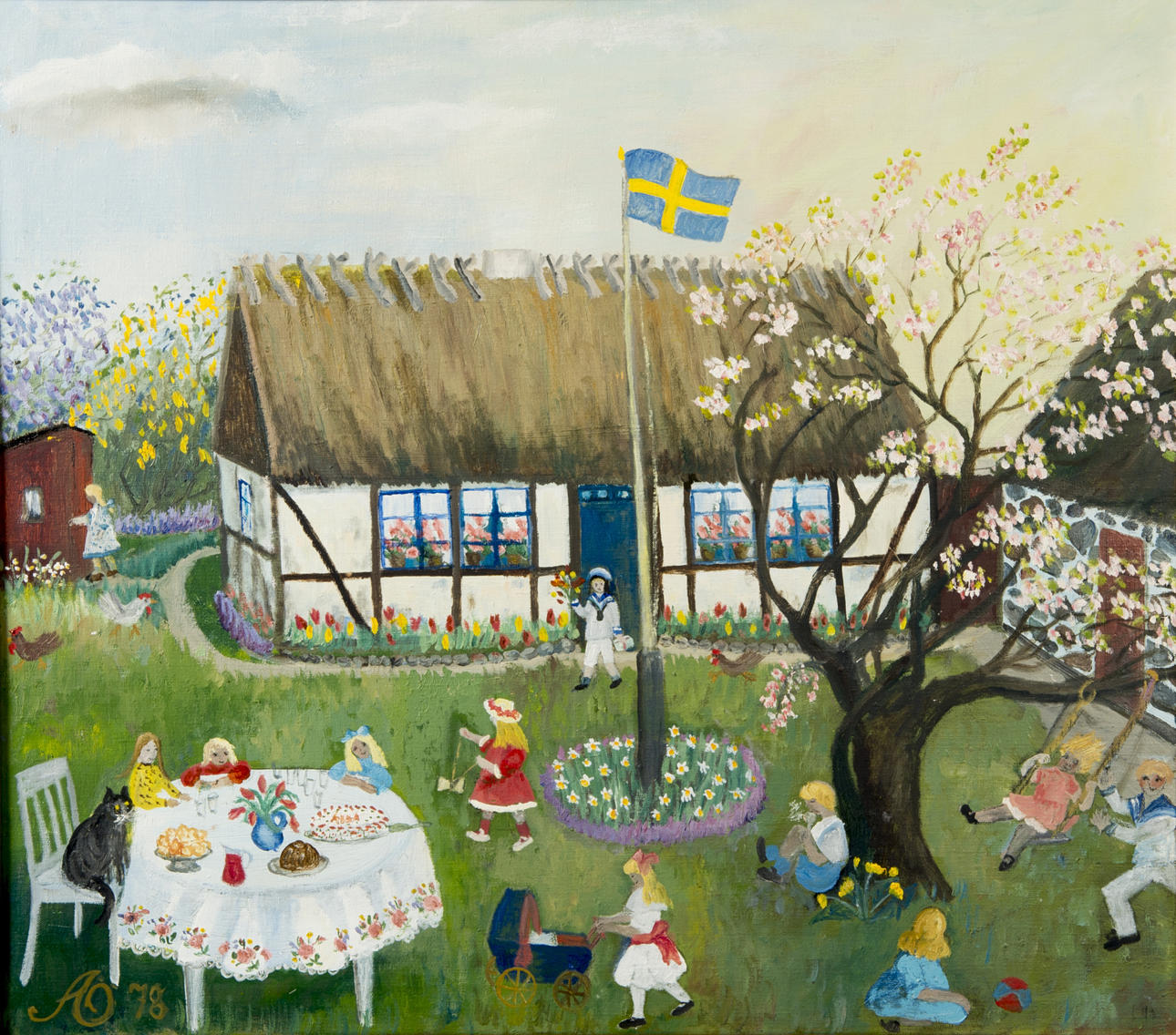 ALMA ÖHRSTRÖM. Barnkalas vid skånegård, olja på duk, monogramsignerad AÖ -78.