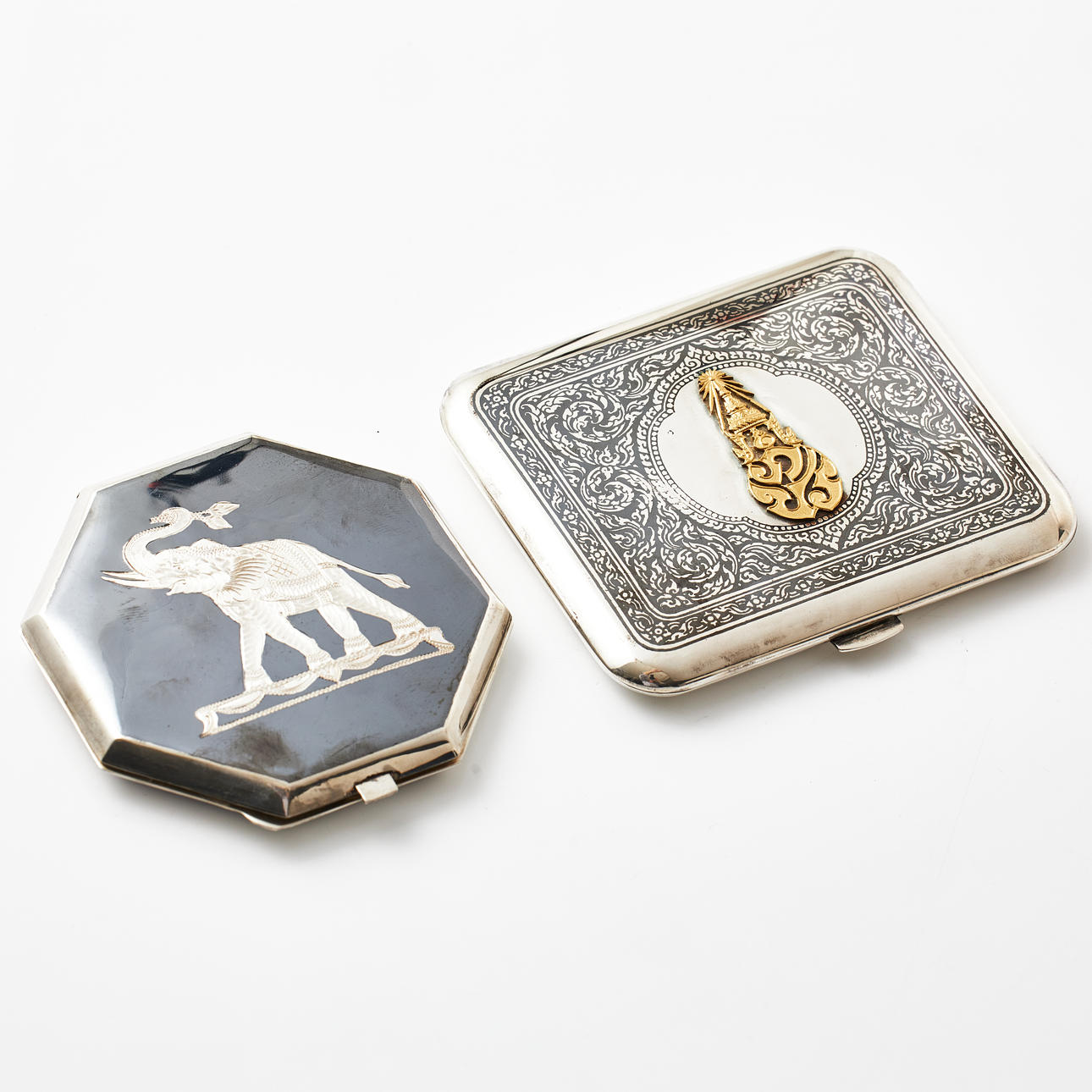 CIGARETTE CASE, Thailand, POWDER BOX, Siam, sterling silver, among other  decor of elephant and niello. Silver & Metals - Silver