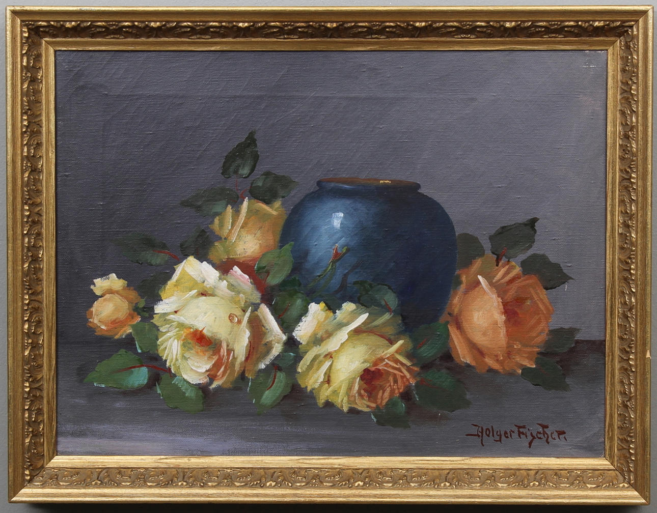 HOLGER FISCHER. Stilleben med rosor och krus. Olja på duk. Signerad.