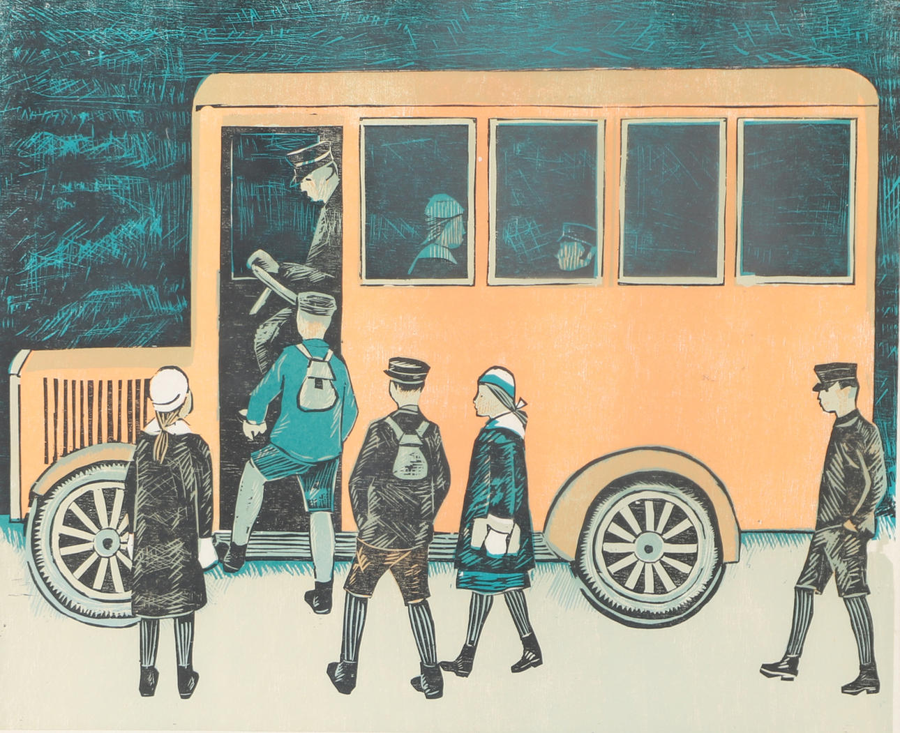 SVEN LJUNGBERG. School bus, lithograph in colours, signed.