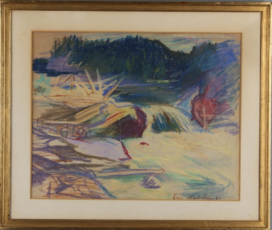 ERIK HALLSTRÖM. "Timmer i norrländsk älv", pastell, signerad och daterad -31.