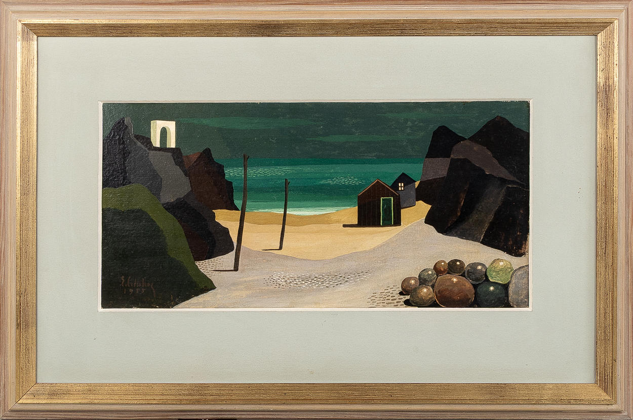 ERIC CEDERBERG. Oil on panel, composition with boathouses, signed E Cederberg and dated 1955.