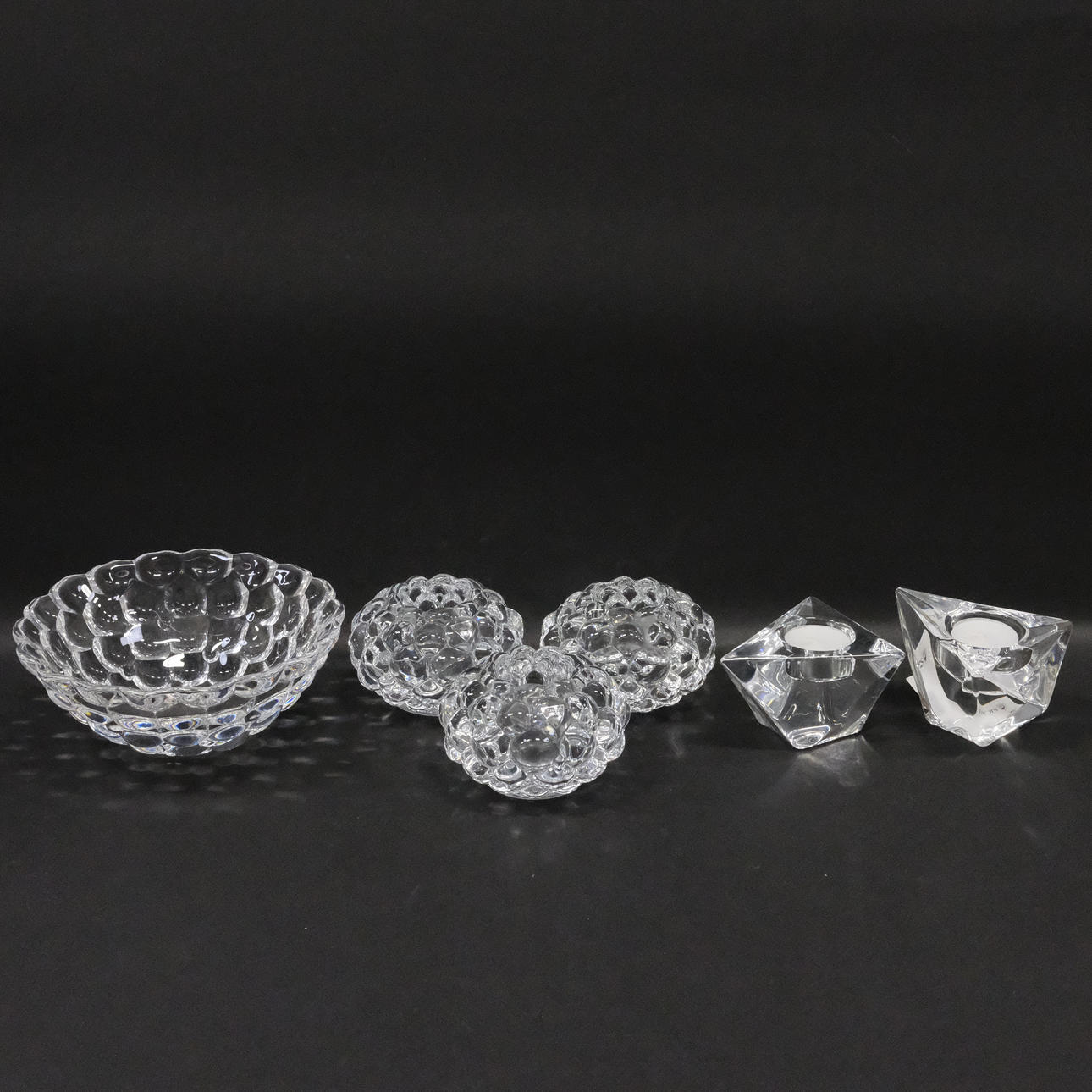 ORREFORS, BOWL AND FIVE LIGHT LANTERNS, “RASPBERRY” AND “DIAMOND”.
