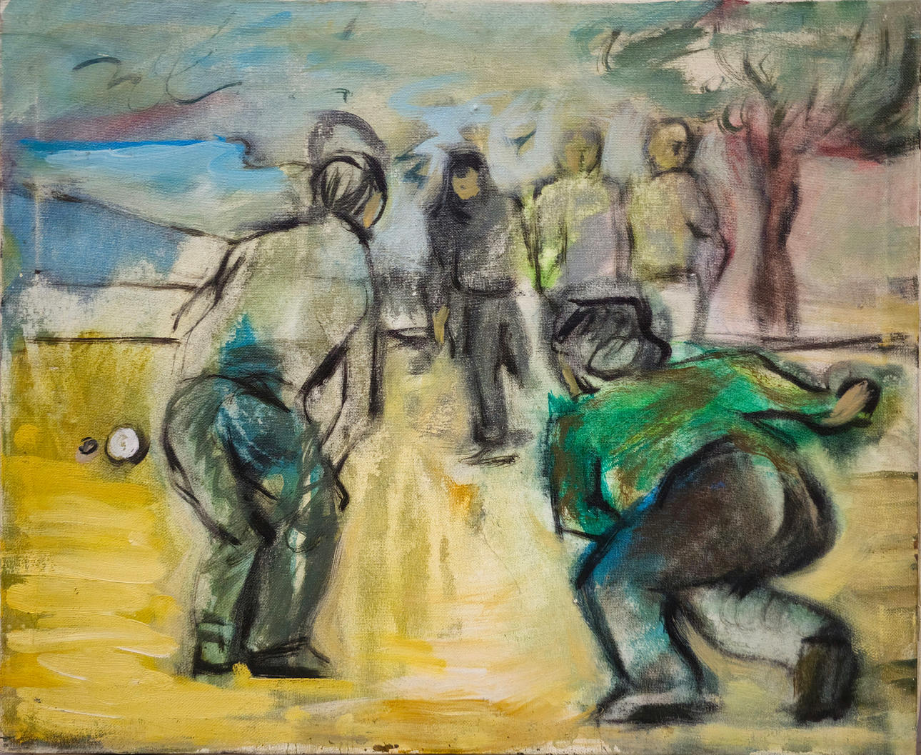 THE PETANQUE PLAYERS. OIL ON CANVAS. ANONYMOUS.