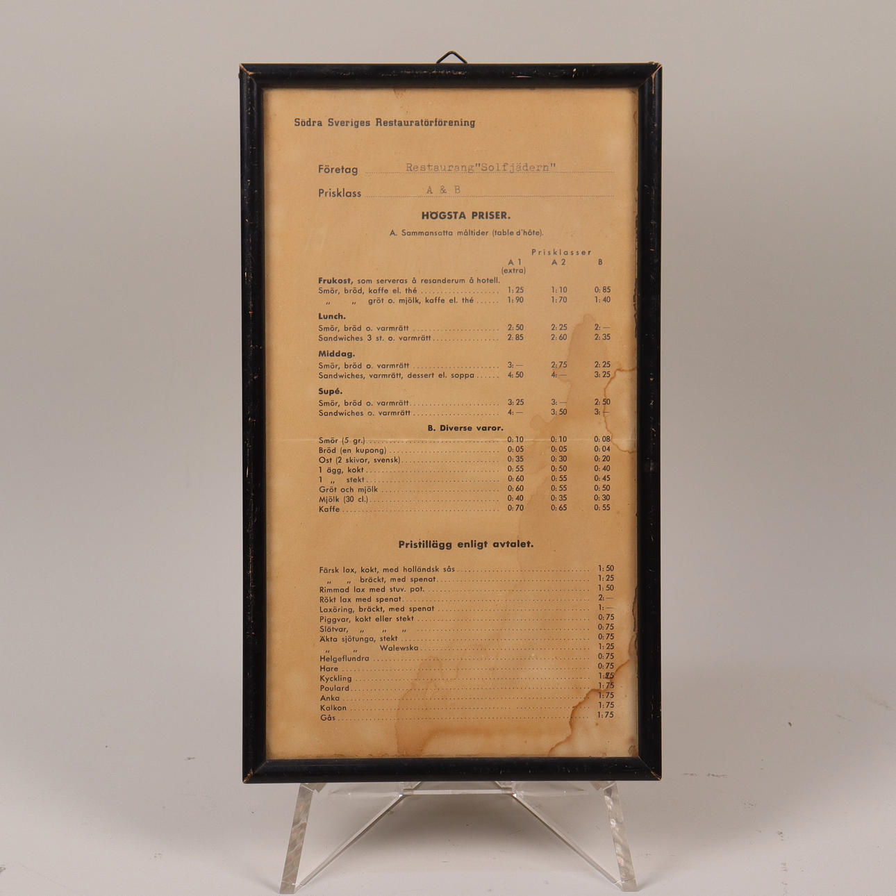 MENU, Restaurant Solfjädern, Trelleborg, mid 20th century.