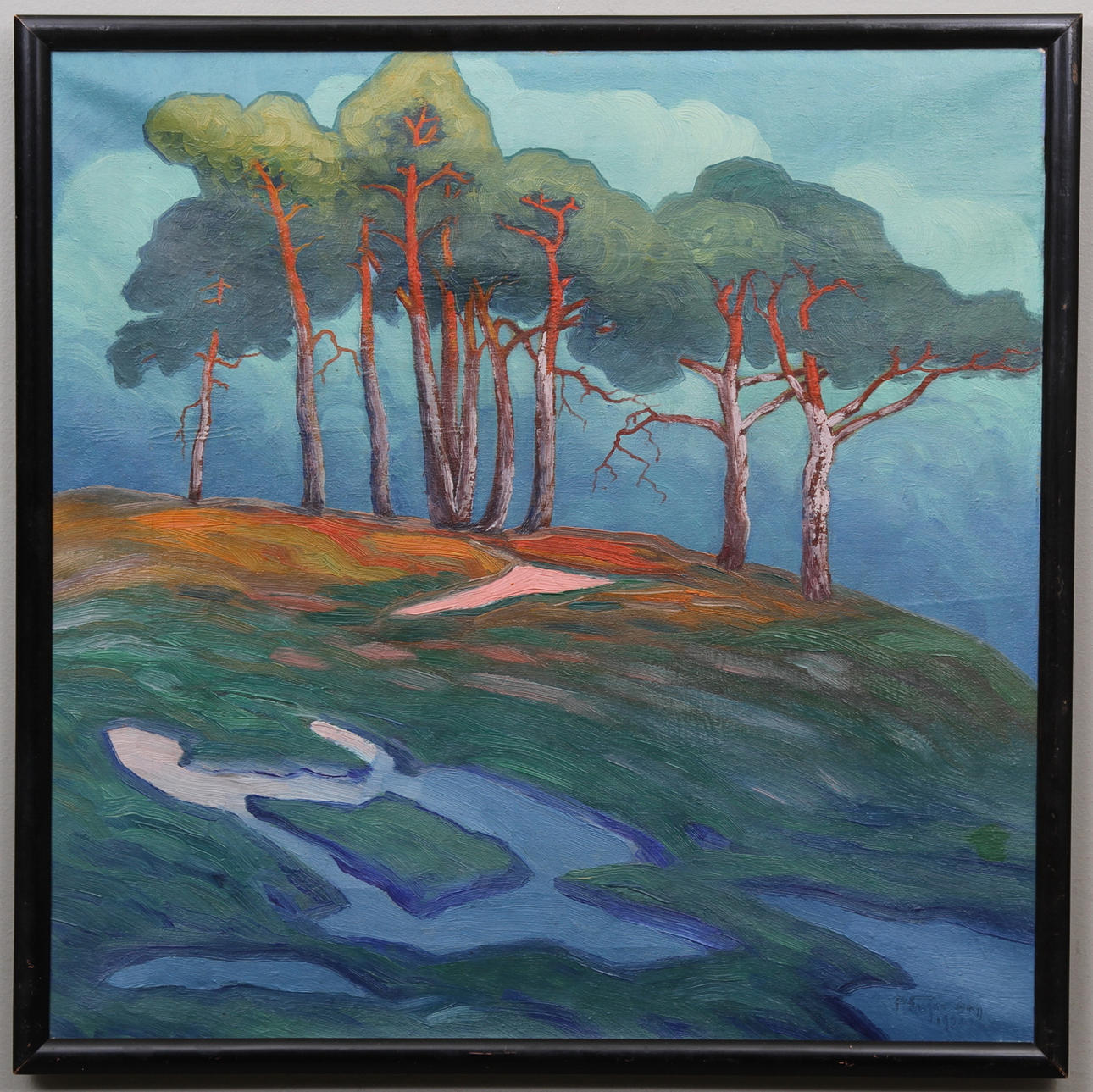 OKÄND KONSTNÄR. "Träd i skymmningsljus". Olja på duk. Signerad P. Engström och daterad 1920.