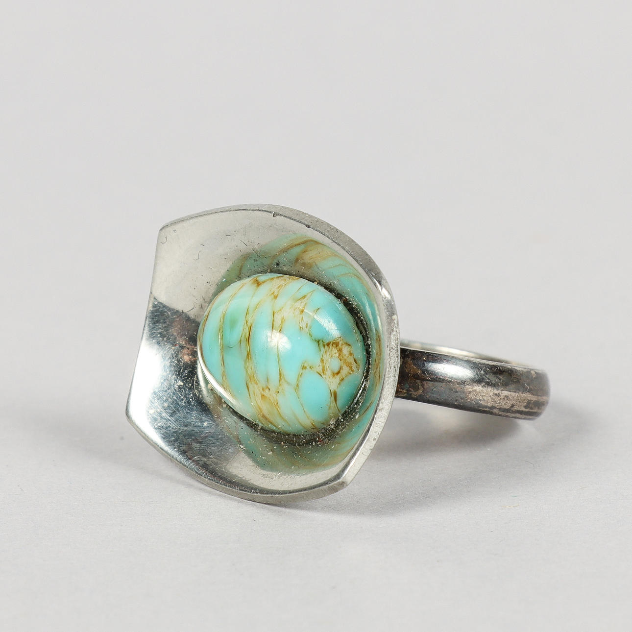 JORGEN JENSEN. Ring, pewter and silver with turquoise, Denmark.