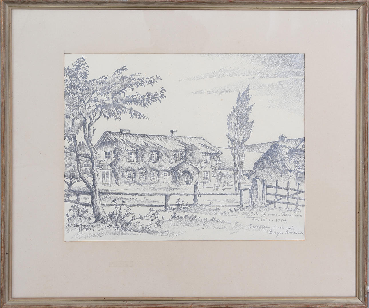 STIG JONZON. Stugmotiv, teckning, signerad och daterad 1954.