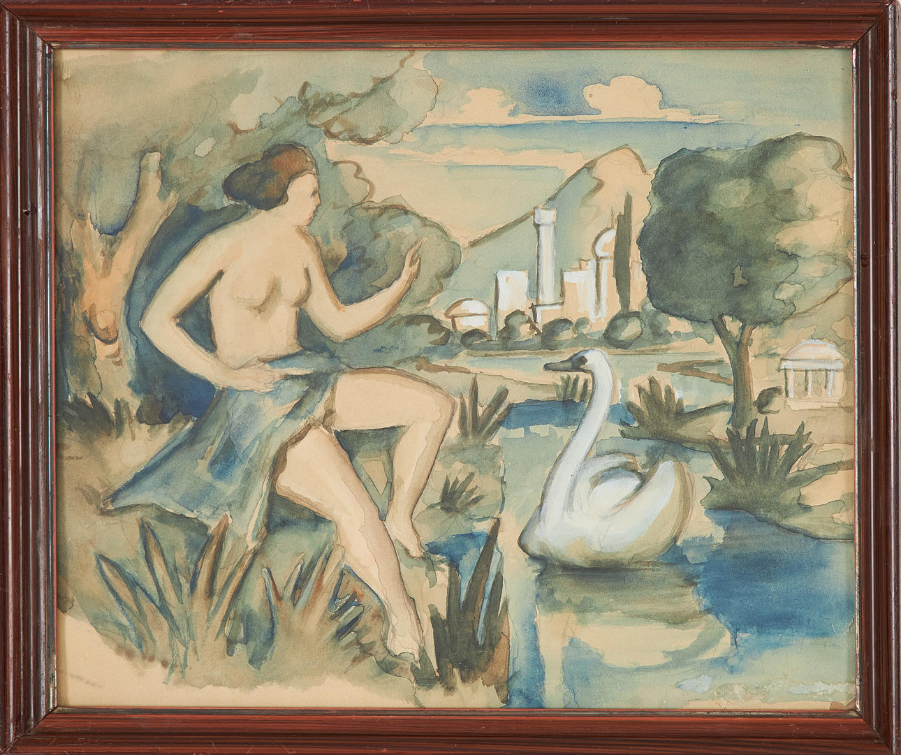 OIDENTIFIERAD KONSTNÄR. Woman with swan, watercolor, unsigned.