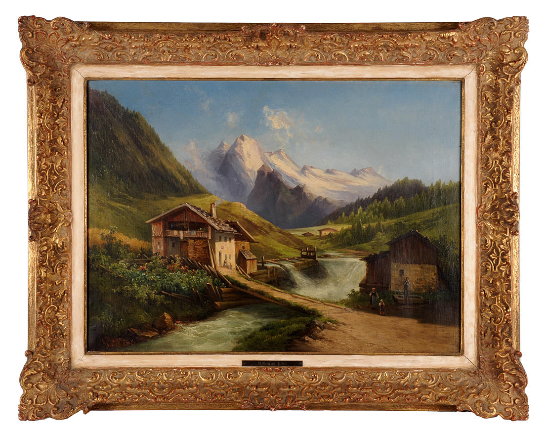 GEORG GEYER. Bergsmassivet med alpin hut, människor och fjällström.