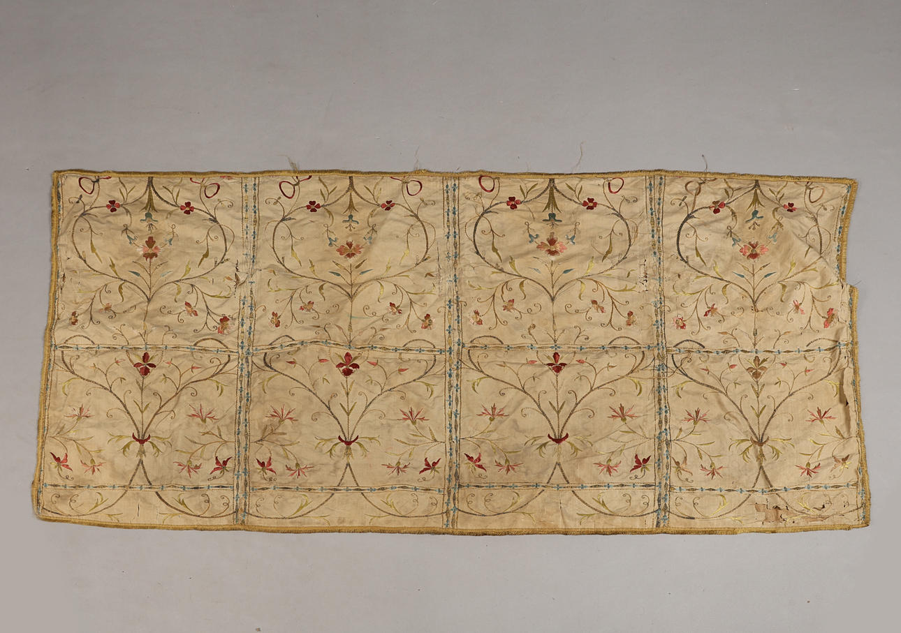 A 19TH CENTURY EMBROIDERED SILK TEXTILE.