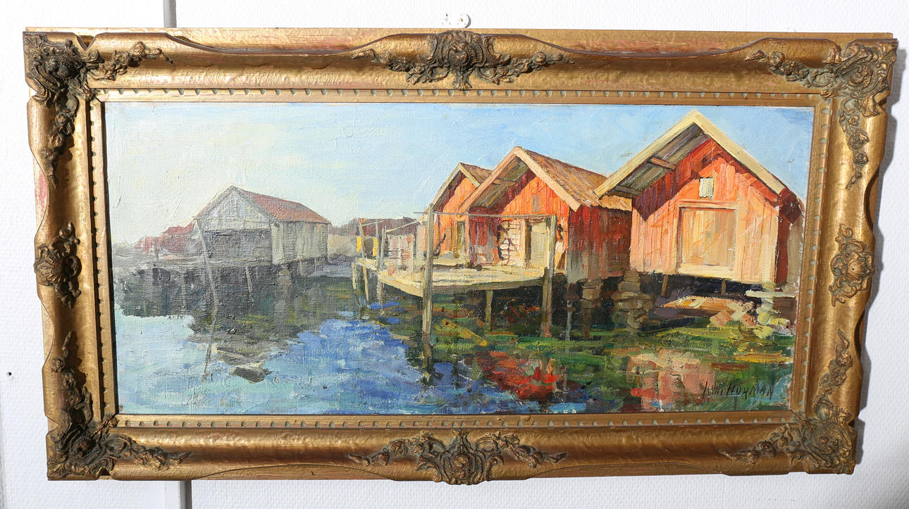 KNUT NORMAN. Olja på duk, Fiskebodar, signerad.