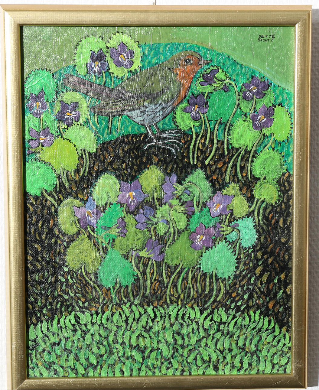 JETTE STOLTZ. Olja på duk, Violer, signerad.